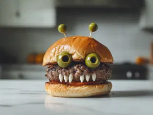 The completed monster burgers are served on a plate with sides like fries or chips, positioned on the white marble cooktop, ready to be enjoyed