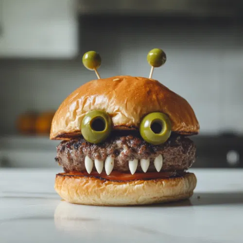 The completed monster burgers are served on a plate with sides like fries or chips, positioned on the white marble cooktop, ready to be enjoyed