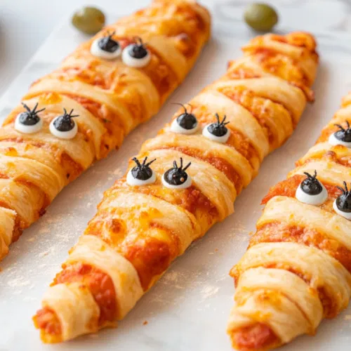 Golden and crispy baked pizza mummies on the white marble cooktop. Each mummy is topped with two edible spooky eyes, and olive 'spiders' are arranged around the plate for a spooky effect. Optionally dusted with flour for a more mummy-like look.