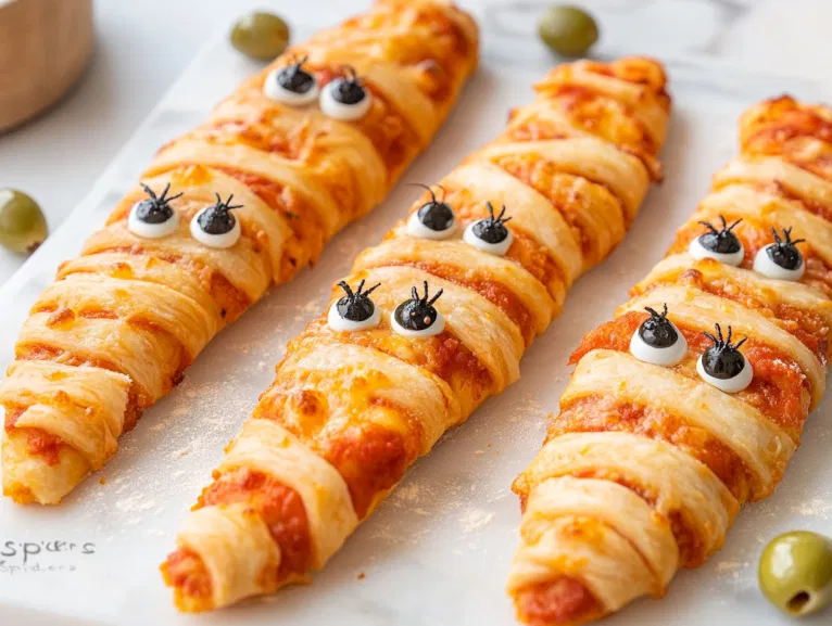 Golden and crispy baked pizza mummies on the white marble cooktop. Each mummy is topped with two edible spooky eyes, and olive 'spiders' are arranged around the plate for a spooky effect. Optionally dusted with flour for a more mummy-like look.