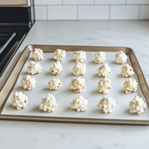 Freshly shaped popcorn balls are arranged on a parchment-lined baking sheet on the white marble cooktop, allowing them to cool completely and harden into clusters.