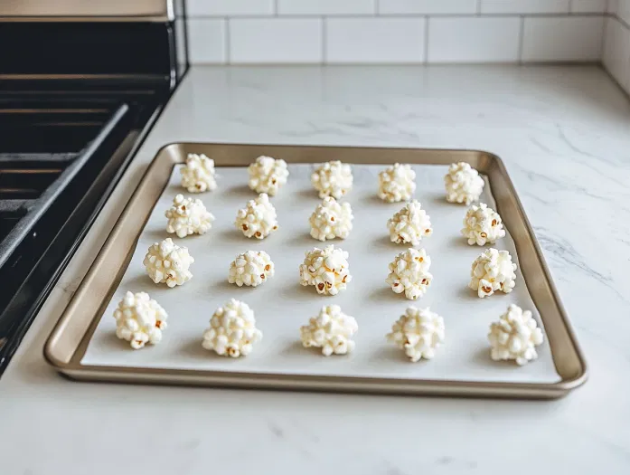 Freshly shaped popcorn balls are arranged on a parchment-lined baking sheet on the white marble cooktop, allowing them to cool completely and harden into clusters.