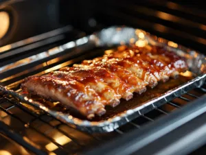 Half of a red bell pepper is placed in the center of the arranged ribs to mimic a heart. A steak knife is stabbed through the pepper into the cutting board, holding it upright in the middle of the rib cage for a dramatic presentation. The ribs are ready to be served and enjoyed.