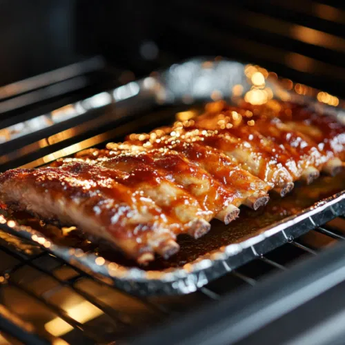 Half of a red bell pepper is placed in the center of the arranged ribs to mimic a heart. A steak knife is stabbed through the pepper into the cutting board, holding it upright in the middle of the rib cage for a dramatic presentation. The ribs are ready to be served and enjoyed.