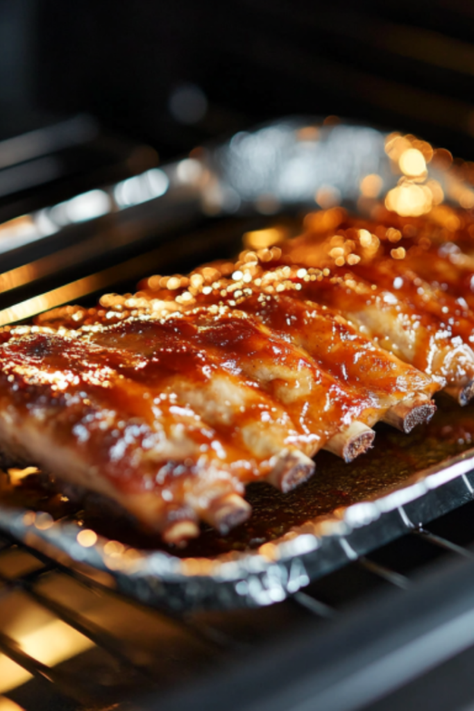 The roasted ribs are removed from the oven and placed on a cutting board over the white marble cooktop. A sharp knife is used to cut the ribs apart, arranging them in the shape of a human rib cage.