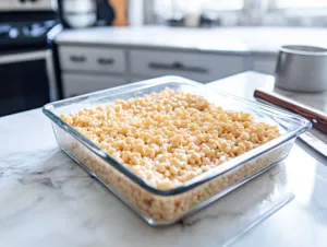 The glass baking pan rests on the white marble cooktop as the Rice Krispies treats cool. A knife lies nearby, ready to cut the mixture into squares for serving once cooled.