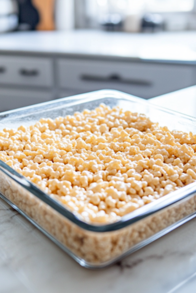 The glass baking pan rests on the white marble cooktop as the Rice Krispies treats cool. A knife lies nearby, ready to cut the mixture into squares for serving once cooled.