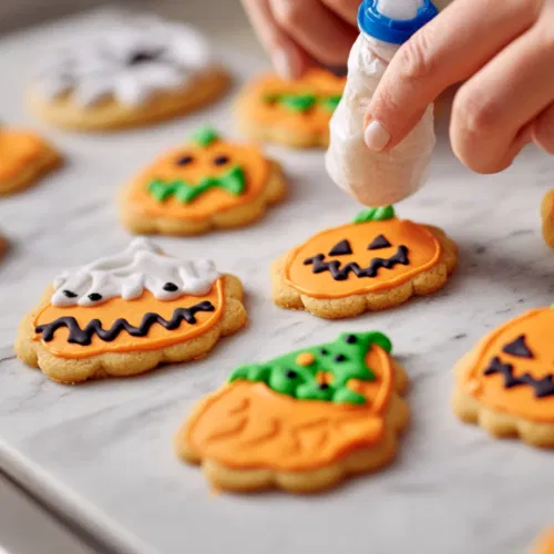 Completely cooled cookies being decorated with tinted frosting using piping bags and a knife on the white marble cooktop. The colorful Halloween designs are coming to life.