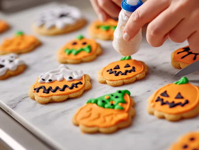 Completely cooled cookies being decorated with tinted frosting using piping bags and a knife on the white marble cooktop. The colorful Halloween designs are coming to life.