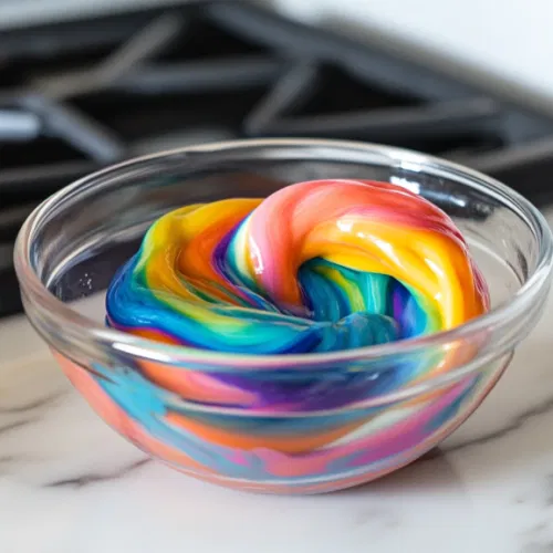 A close-up of the twisted slime on the white marble cooktop, placed in a microwave-safe glass bowl for re-softening. The vibrant colors of the slime are slightly firm, and the microwave is set to gently warm it for additional play.