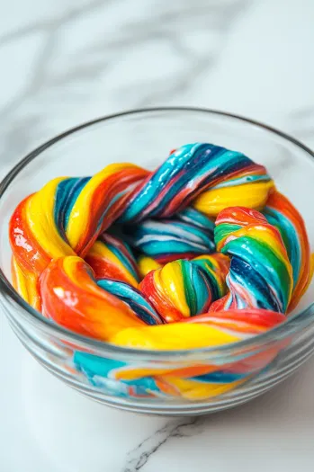 A close-up of the twisted slime on the white marble cooktop, placed in a microwave-safe glass bowl for re-softening. The vibrant colors of the slime are slightly firm, and the microwave is set to gently warm it for additional play.