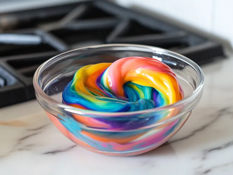 A close-up of the twisted slime on the white marble cooktop, placed in a microwave-safe glass bowl for re-softening. The vibrant colors of the slime are slightly firm, and the microwave is set to gently warm it for additional play.