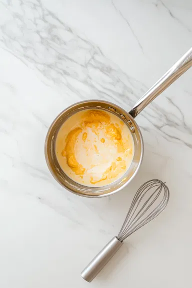 A saucepan on a white marble cooktop contains a mixture of milk, pumpkin puree, and sugar, being stirred over medium heat. The scene captures the ingredients gently heating, emphasizing the creamy texture and rich color of the mixture