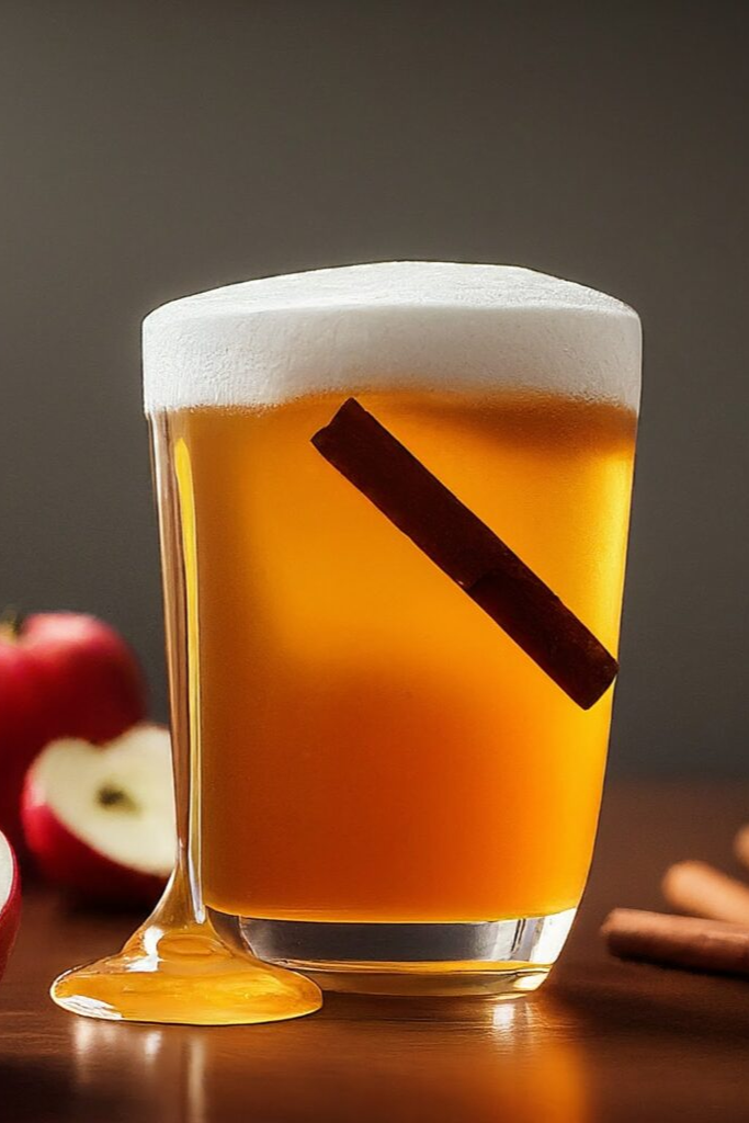 The image shows glass filled with honey apple cider ready to serve