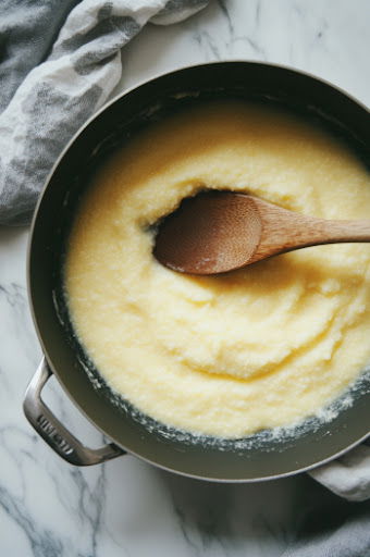 This image shows hot polenta being served into individual bowls, creating a creamy base for the toppings.