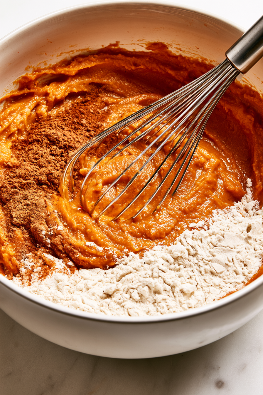 In a large bowl, whisk together the pumpkin puree, pumpkin pie spice, cinnamon, and flour
