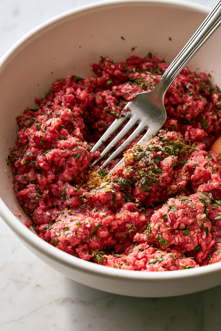 In a large mixing bowl, combine the ground beef, salt, black pepper, thyme, egg, and breadcrumbs