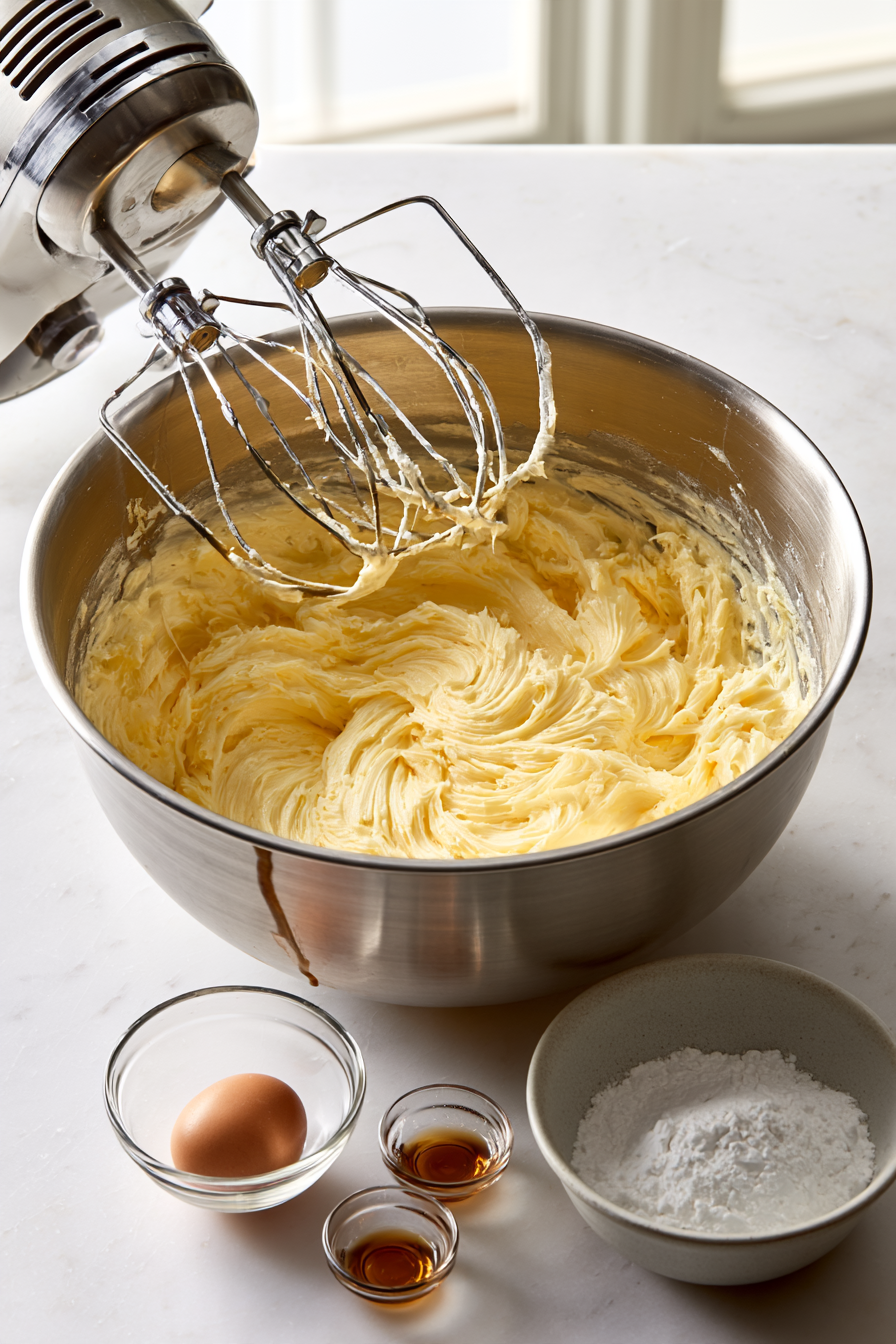 In a mixing bowl, beat together softened butter, confectioners' sugar, egg, almond extract, and vanilla extract until smooth