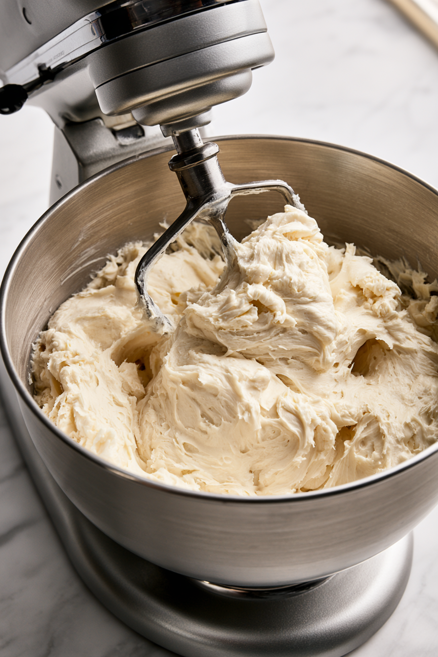 In a stand mixer, beat 3 packages of softened cream cheese and 1 1/2 cups of packed brown sugar on medium speed for about 5 minutes