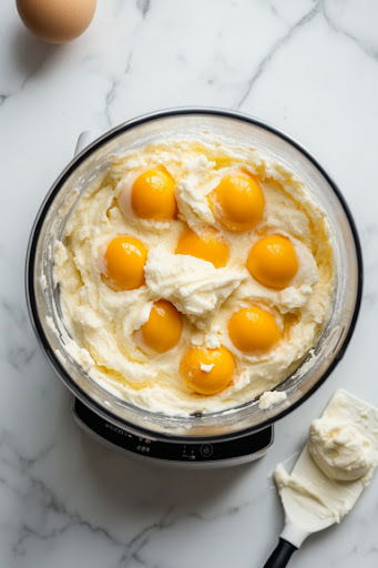 This image shows eggs and vanilla being added to the chocolate-sugar mixture and blended until smooth, creamy, and liquid.