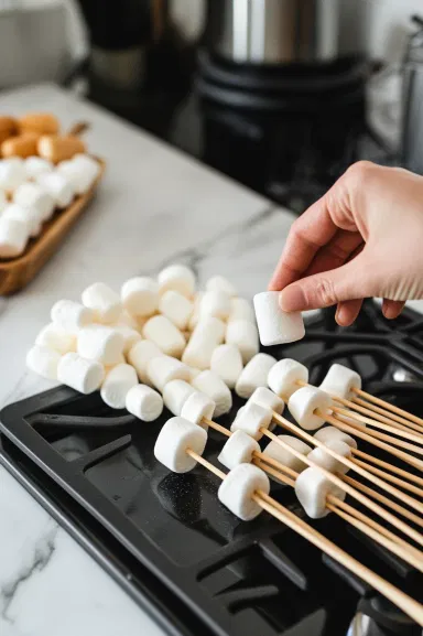 Paper straws or cake pop sticks are being inserted into one end of each large marshmallow over the white marble cooktop. The marshmallows are prepped for dipping.