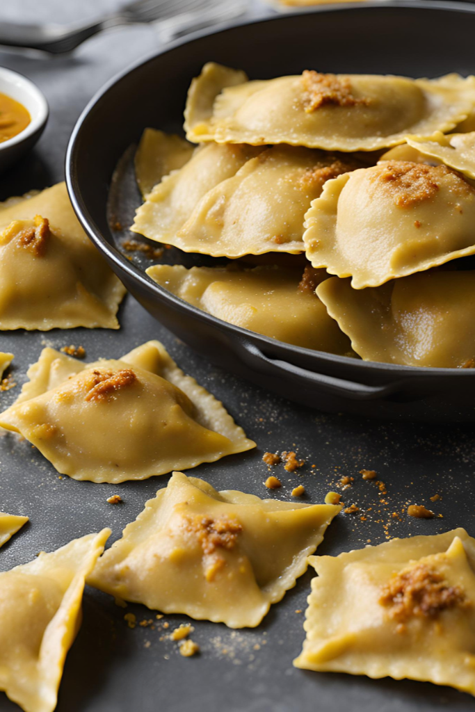 The image shows Pumpkin Ravioli- ready to serve