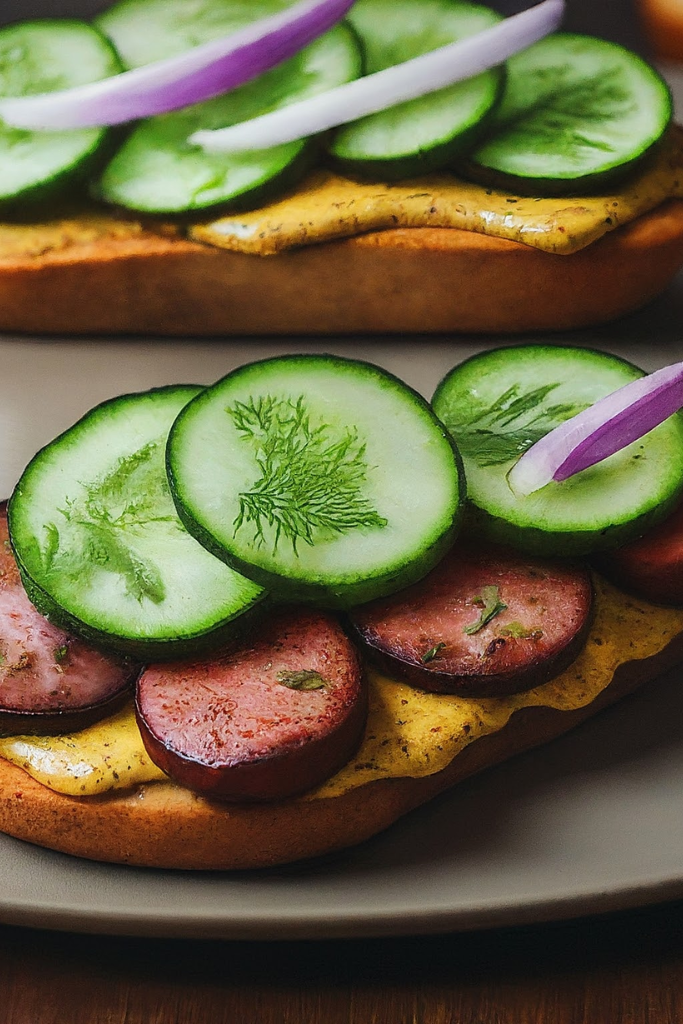 The image shows Kielbasa-and-Cucumber-Crostini ready to serve