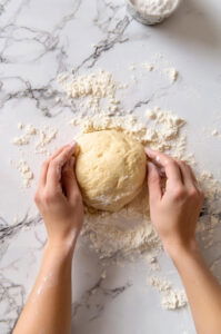 This image shows the dough being kneaded for 6-8 minutes, becoming soft and slightly sticky.