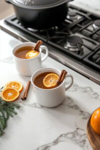 This image shows someone ladling the mulled cider from the Dutch oven into mugs, the warm liquid steaming as it fills each mug.