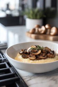 This image shows sautéed mushrooms being carefully layered over the hot polenta, adding a rich and savory flavor to the dish.