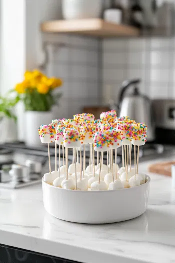 The finished marshmallow pops stand upright on the white marble cooktop, fully decorated and set, ready to be enjoyed