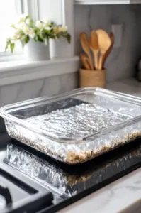 A glass baking pan lined with foil and lightly coated with cooking spray sits on the white marble cooktop, ready for the Rice Krispies mixture