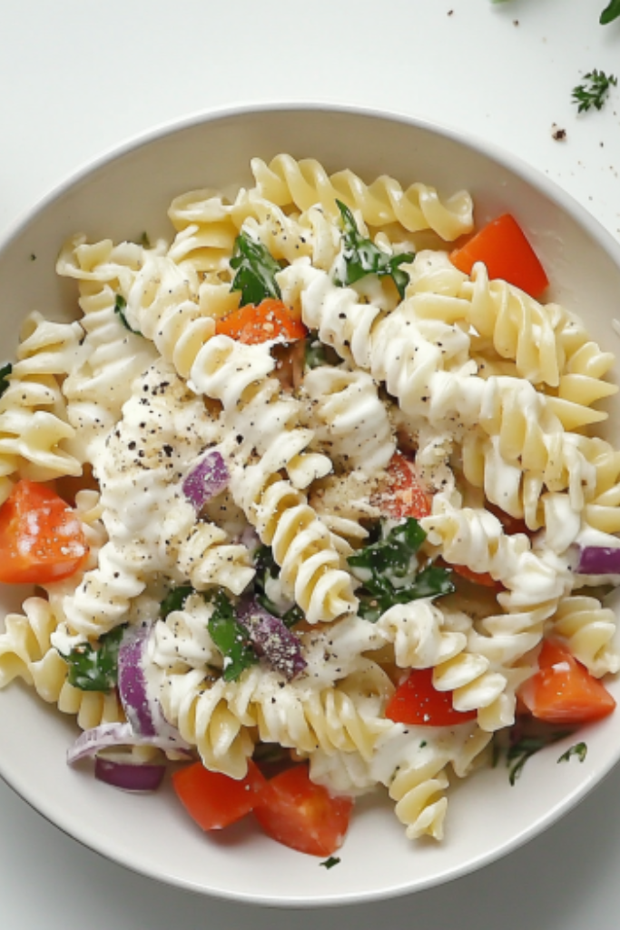 The image shows loaded pasta salad ready to serve