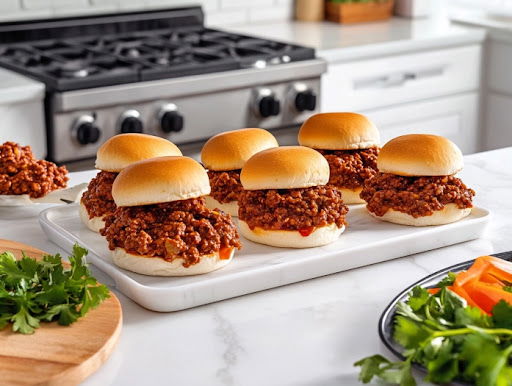 This image shows the completed Maid Rites sandwiches on a white plate, the warm buns filled with the seasoned beef mixture, ready to be eaten.