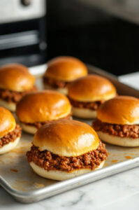 This image shows the Maid Rites mixture being spooned into warm buns, ready to be served.