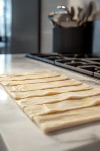 A close-up of one rectangle of dough on the white marble cooktop, showing horizontal cuts along the sides to form strips, with the center left intact for the toppings.