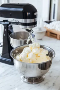 A stand mixer on the white marble cooktop is creaming unsalted butter and confectioner's sugar together. Gradually, heavy cream is being added until the buttercream becomes light and fluffy, followed by vanilla extract