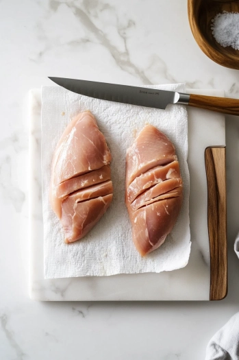 This image shows raw chicken breasts on a cutting board, with a hand making evenly spaced slits for stuffing the vegetables.