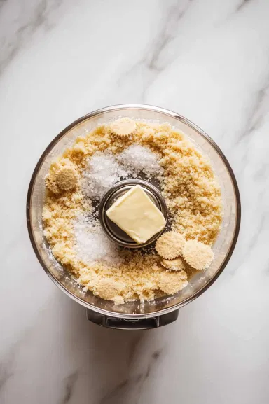 This image shows graham crackers being pulsed in a food processor with melted butter and salt until the mixture resembles wet sand.]