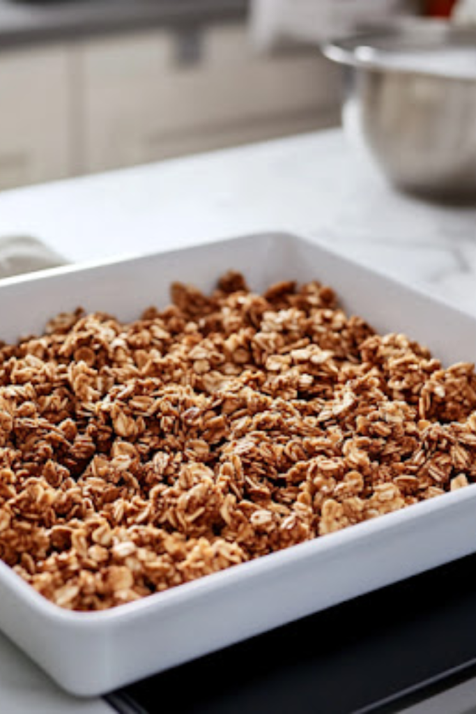 The image shows maple pecan granola ready to serve