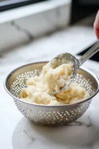 This image shows fork-tender potatoes being pressed through a potato ricer, with roasted garlic cloves ready to be mixed in.