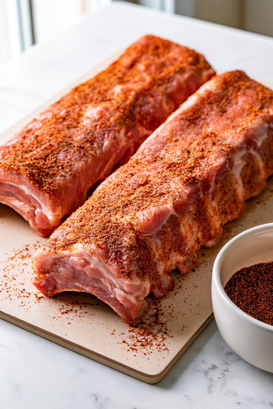 Massage the keto rib rub evenly over both sides of the ribs