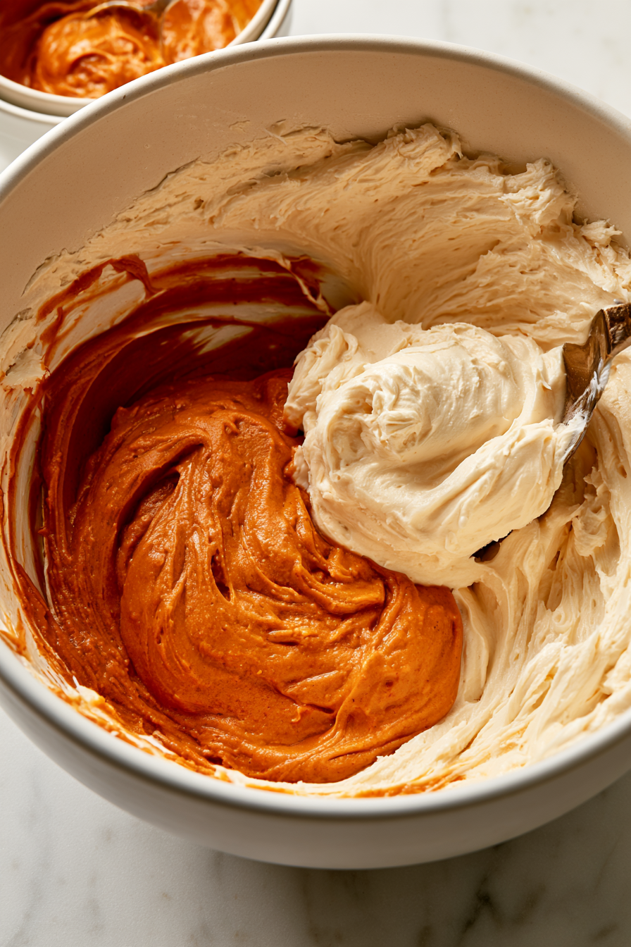 Measure 1-½ cups of the cream cheese mixture, then mix it into the reserved pumpkin mixture until smooth