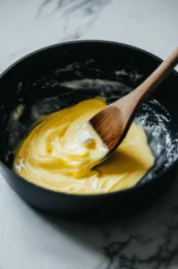 A black saucepan on the white marble cooktop with butter melting gently as marshmallows are stirred in until fully melted. Vanilla extract is being added to the smooth mixture.