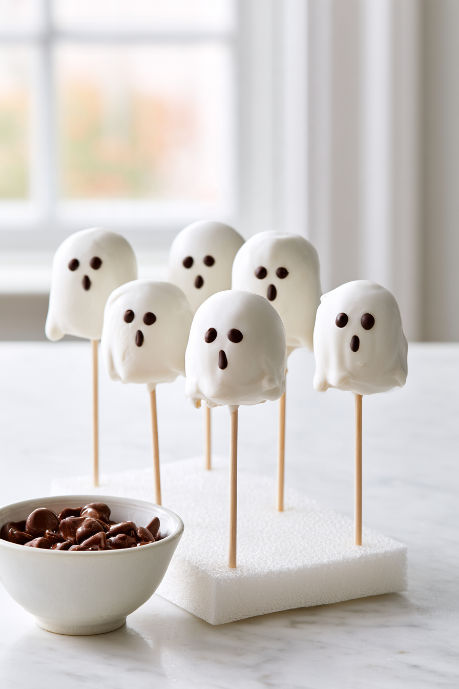 Melt chocolate chips with 1/2 tablespoon of coconut oil. Use a piping bag to draw faces on the ghost pops