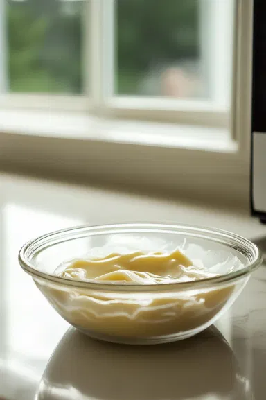 A glass bowl on the white marble cooktop with candy coating being melted in the microwave, following package instructions. The smooth, melted coating is ready for dipping.