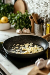 This image shows a skillet over medium heat with butter melting, preparing the base for the sauce.