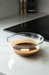 A black saucepan on the white marble cooktop over low heat shows butter melting. Dark and milk chocolate chunks, along with golden syrup, are stirred into the melted butter, creating a smooth, rich mixture