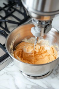 This image shows the pumpkin mixture being gradually mixed into the cream cheese mixture on low speed until fully blended.