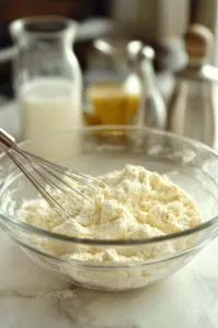 A separate glass bowl on the white marble cooktop, where flour, baking powder, and salt are being whisked together. The dry ingredients are gradually being added to the butter mixture, forming a smooth dough.